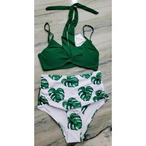 Grace Tempt 2 Pc High Waisted Bikini Green Molded Padded Bra Small NWT